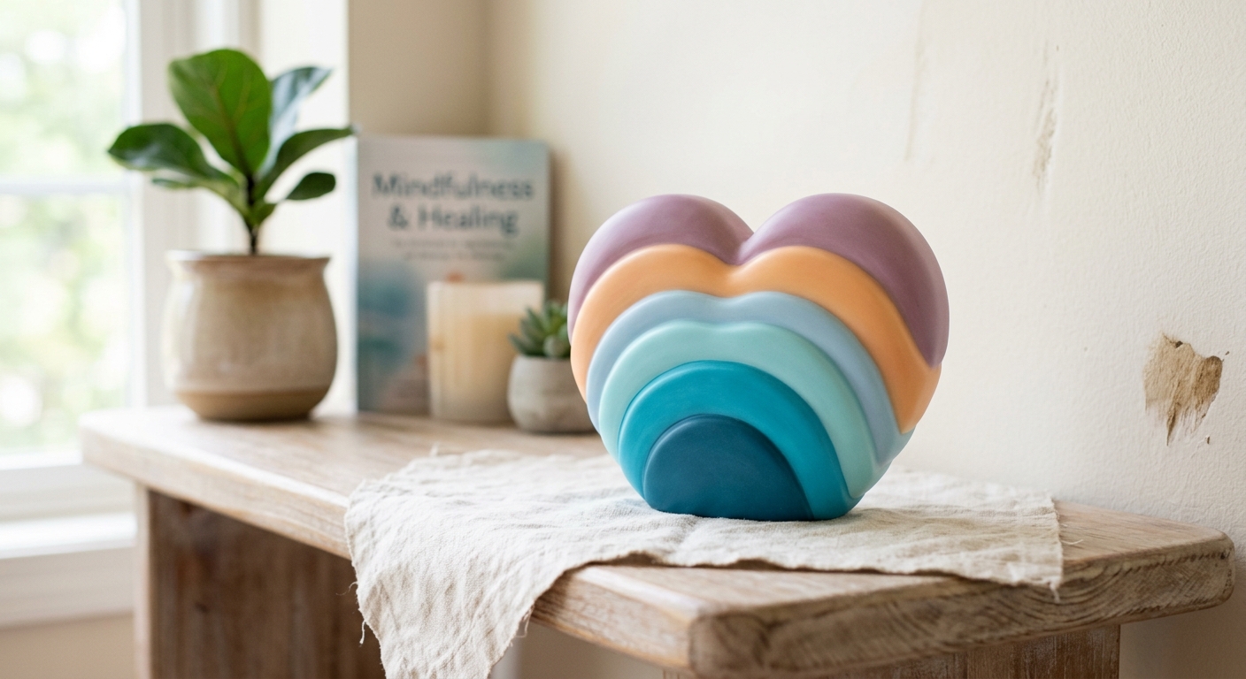A soft 3D rainbow heart illustration representing emotional support and compassion