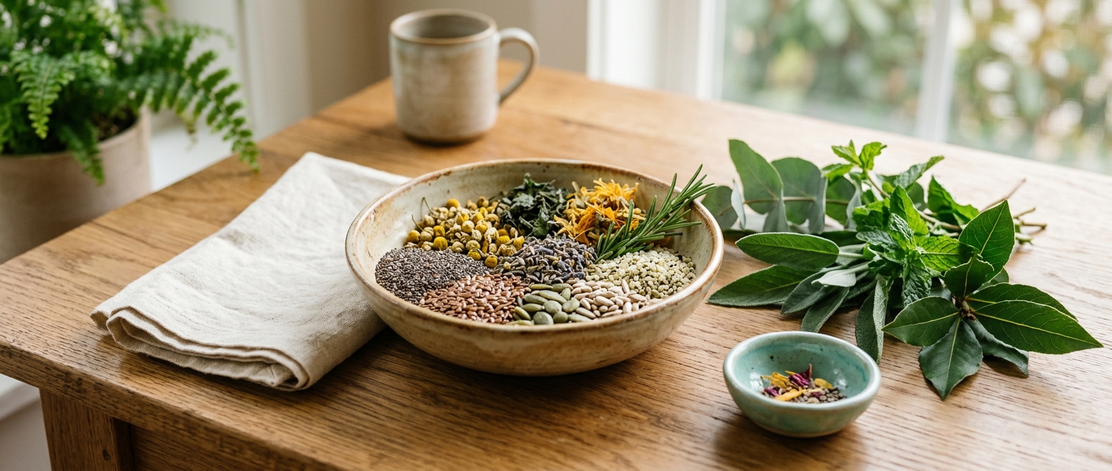A bowl of seeds and herbs with fresh botanicals on a sunlit wooden table