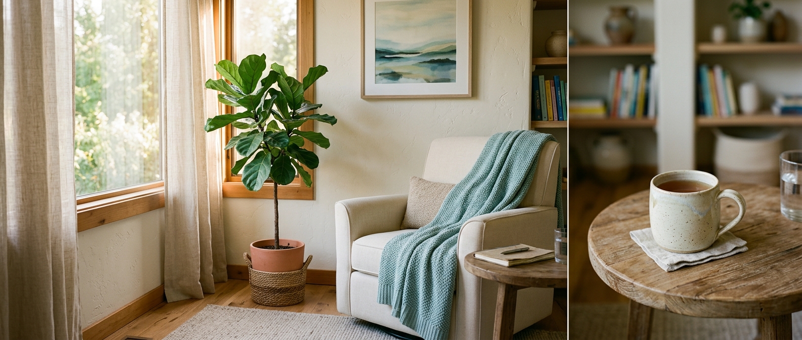 A calm therapy office corner with a cream armchair, aqua throw, and leafy plant