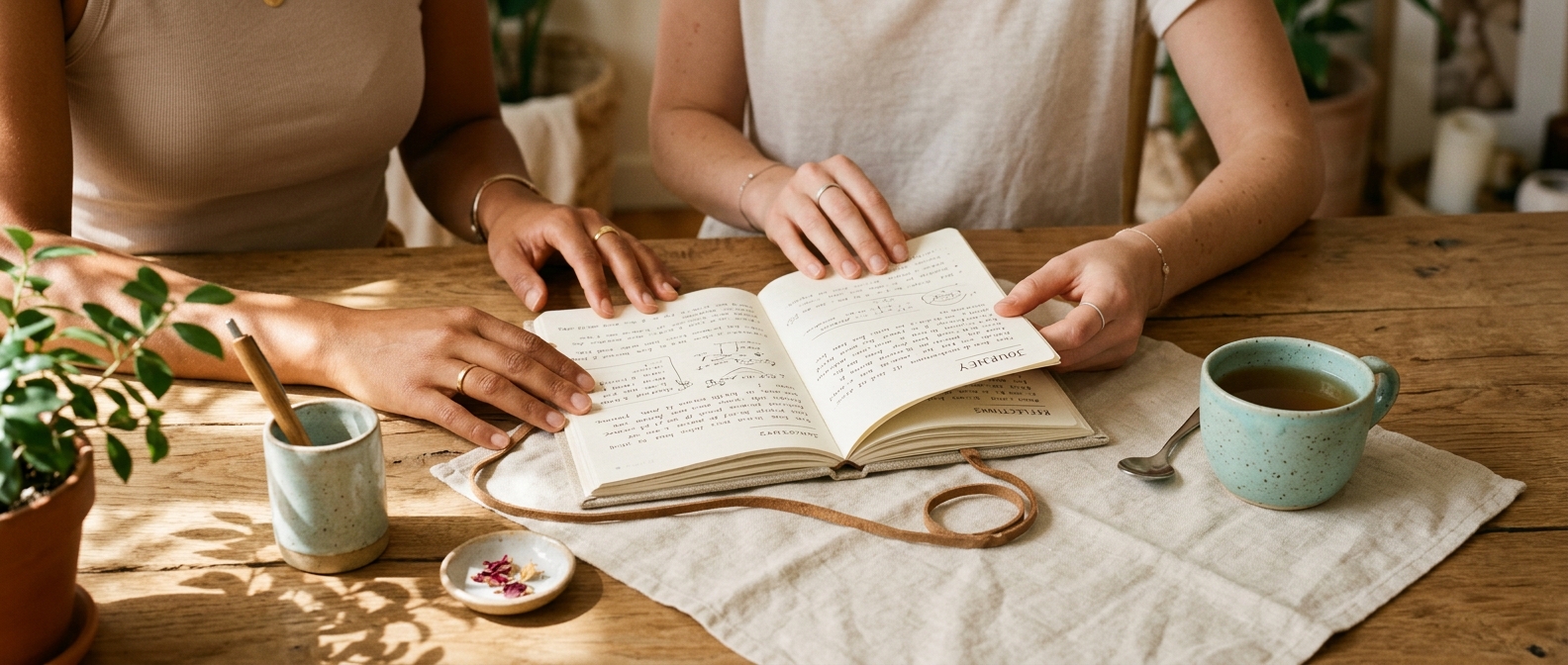 Two people sharing an open journal at a sunlit table