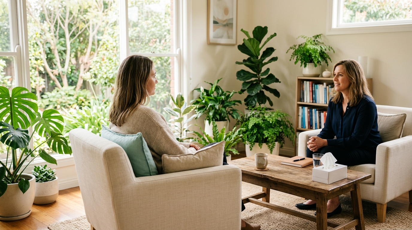 Two women talking in a bright, plant-filled therapy office