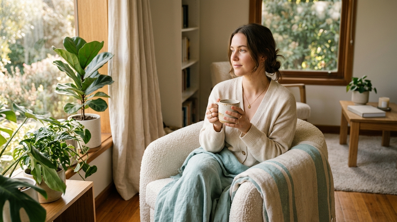 A person holding a warm mug in a quiet, sunlit room surrounded by plants