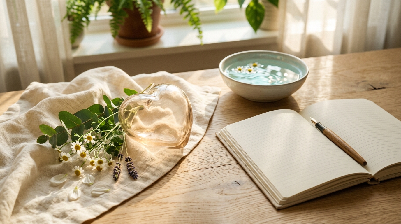 A translucent glass heart, fresh botanicals, and an open journal in warm sunlight