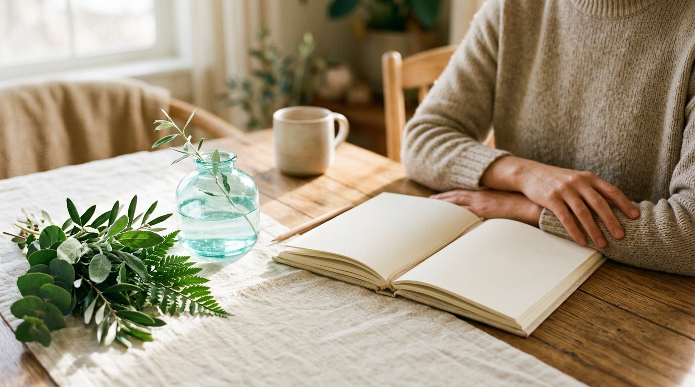 An open journal and glass water vessel beside botanicals and a person’s resting hands