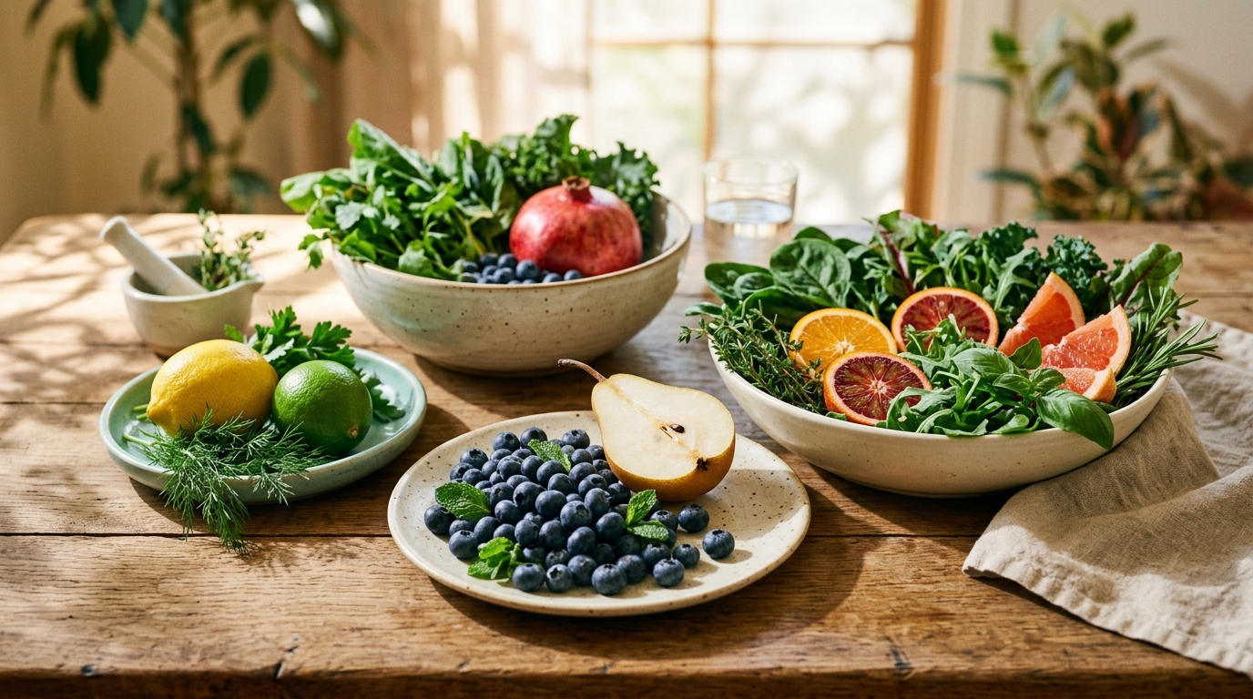 A sunlit table with colorful fruit, leafy greens, berries, herbs, and ceramic dishes