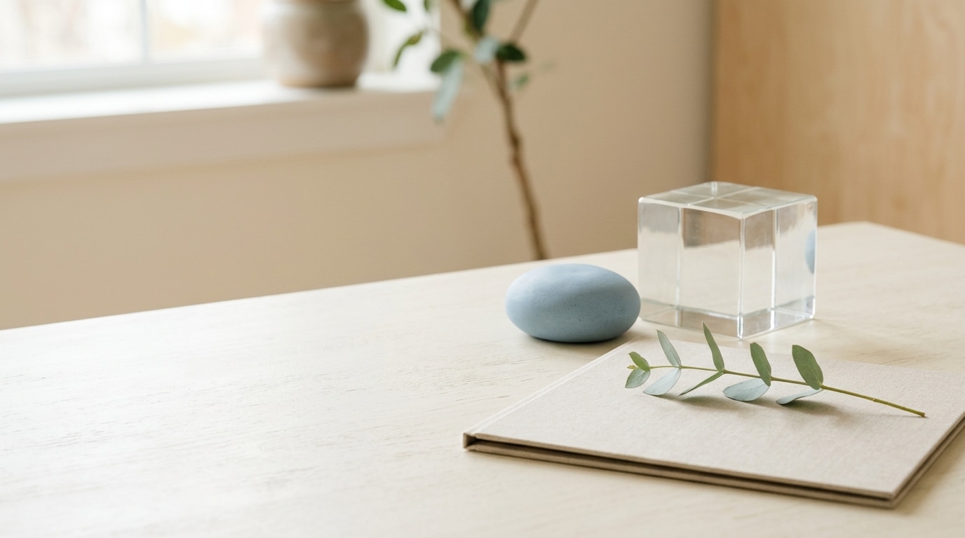 Blank folder, clear glass block, blue stone, and botanical stem on a light desk