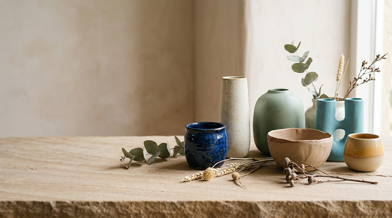 A varied group of handmade ceramic vessels arranged together on a warm wooden table