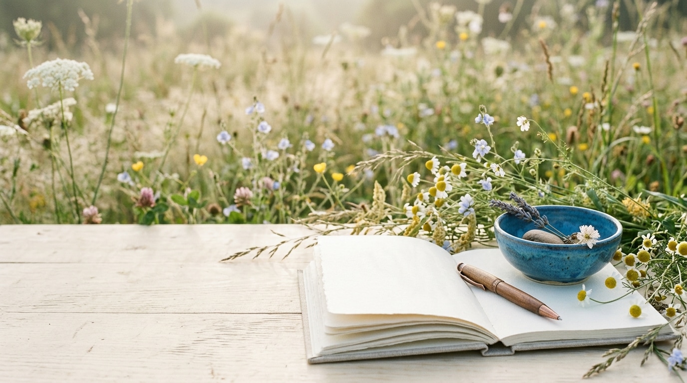 Small white, blue, and yellow flowers beside a blank journal and blue ceramic bowl