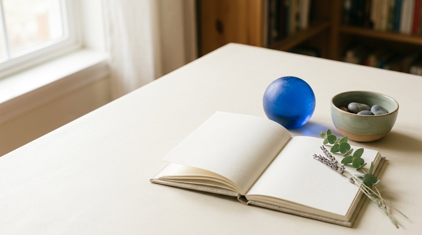 Open blank journal, blue glass orb, ceramic bowl, and botanical sprig on a sunlit desk
