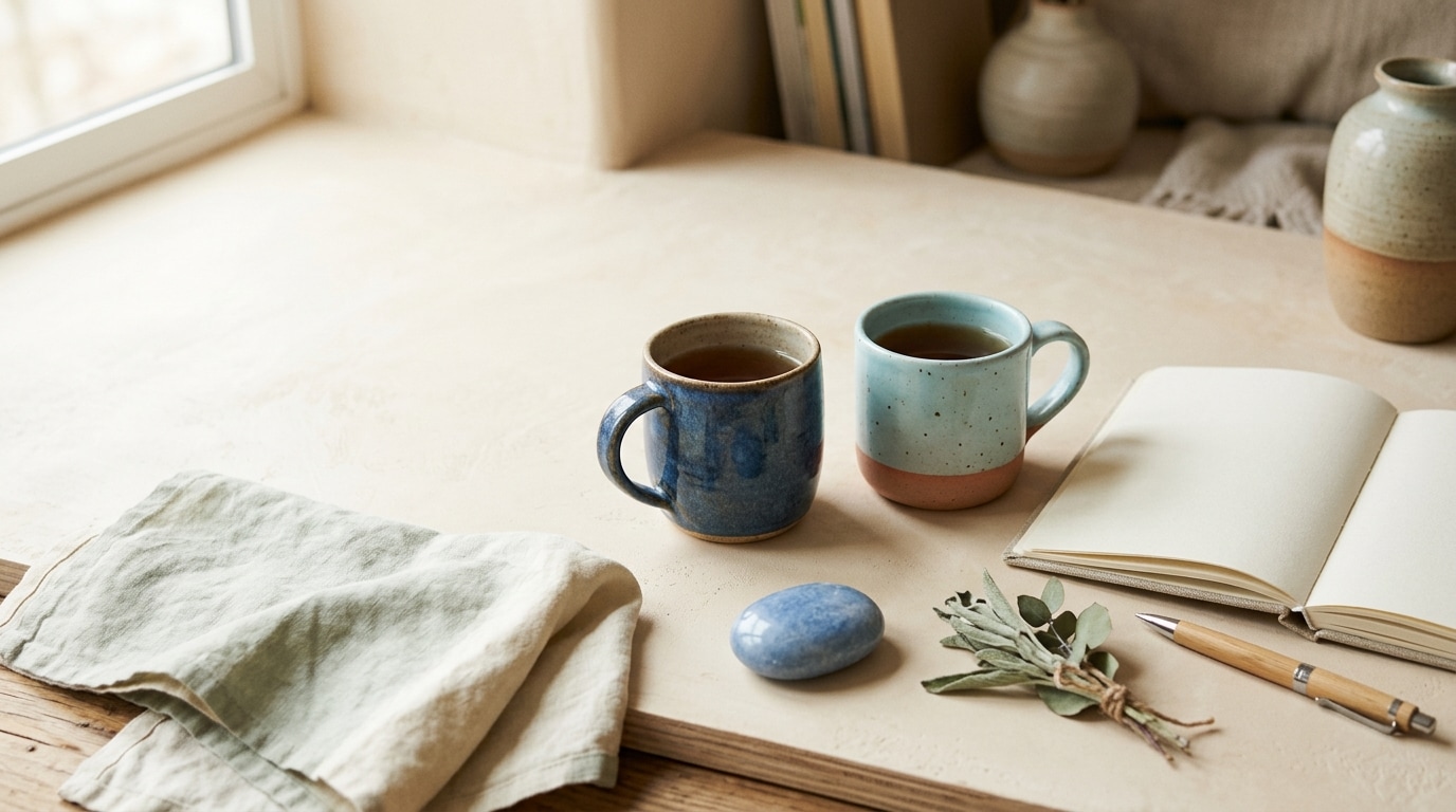 Two distinct ceramic cups, blank journal, blue stone, and folded linen on a warm desk